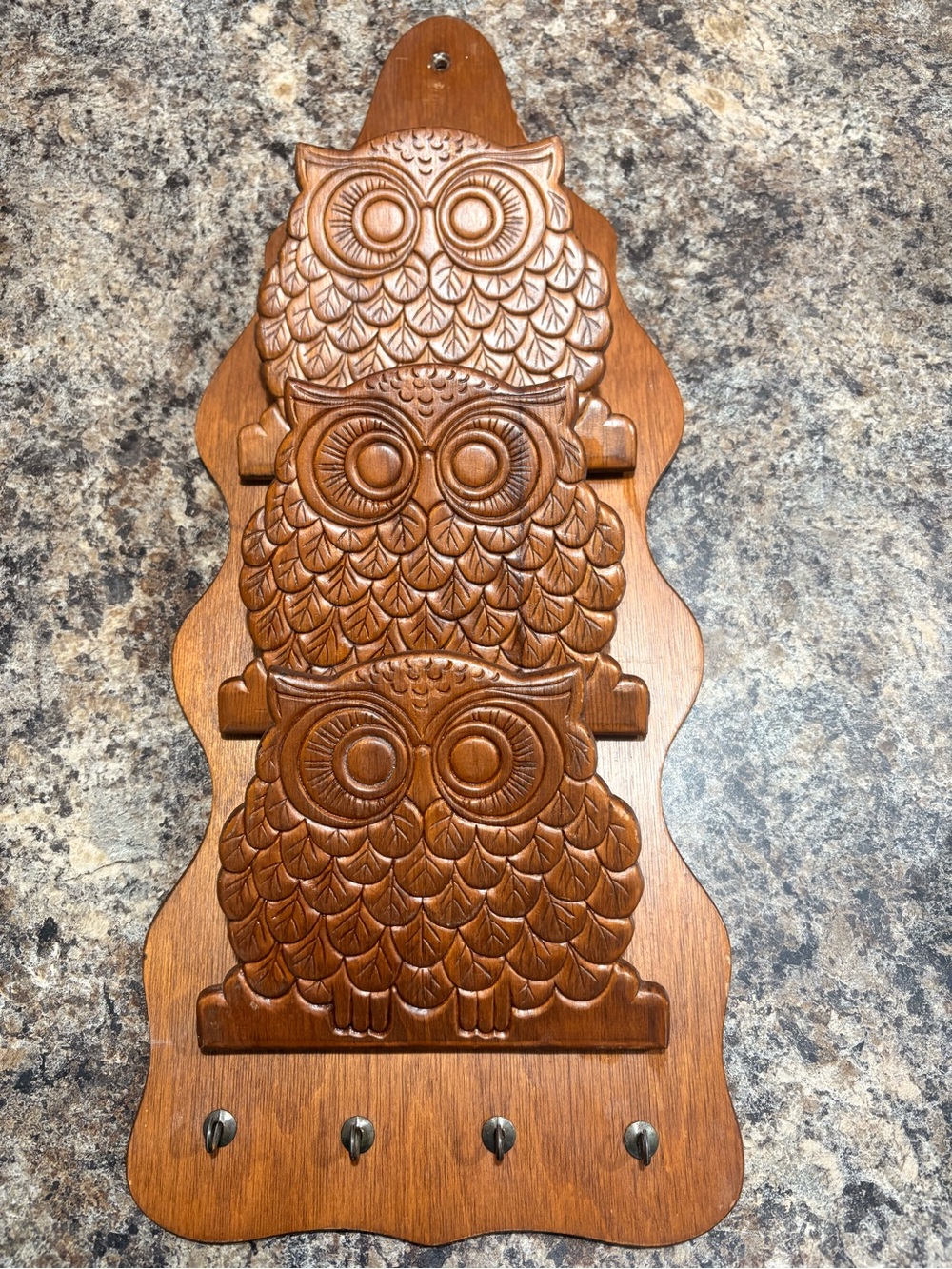 Wooden Owl Wall Hook Rack - Carved Trio of Owls
